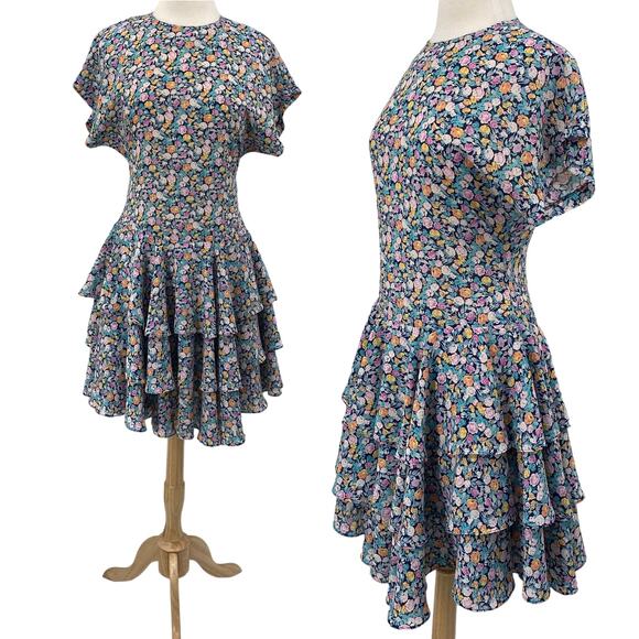 Vintage 80s Fit & Flare Floral Print Dress Ruffled Drop Waist Navy Blue Womens 8 - Picture 1 of 9